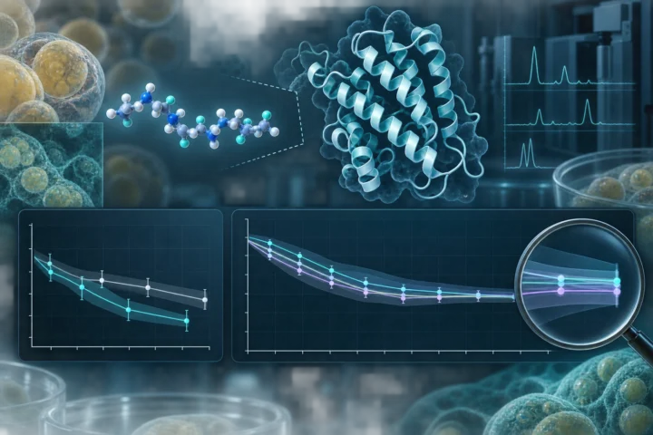 A short AOD-9604 growth-hormone fragment is separated from full-length growth hormone above an early signal and a larger trial with converging weight-change curves.