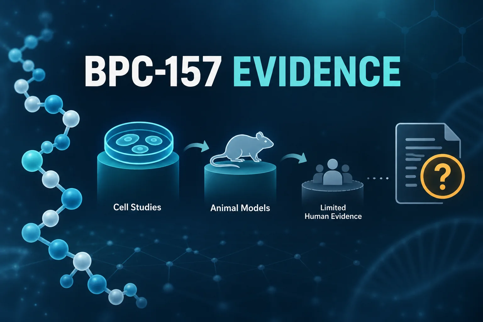 BPC-157 evidence map progressing from laboratory and animal studies to limited human and companion-animal evidence.