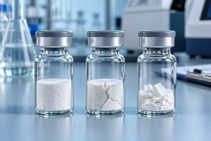 Three unbranded laboratory vials show an intact white freeze-dried cake, a cracked cake and loose broken pieces on a clean quality-control bench.