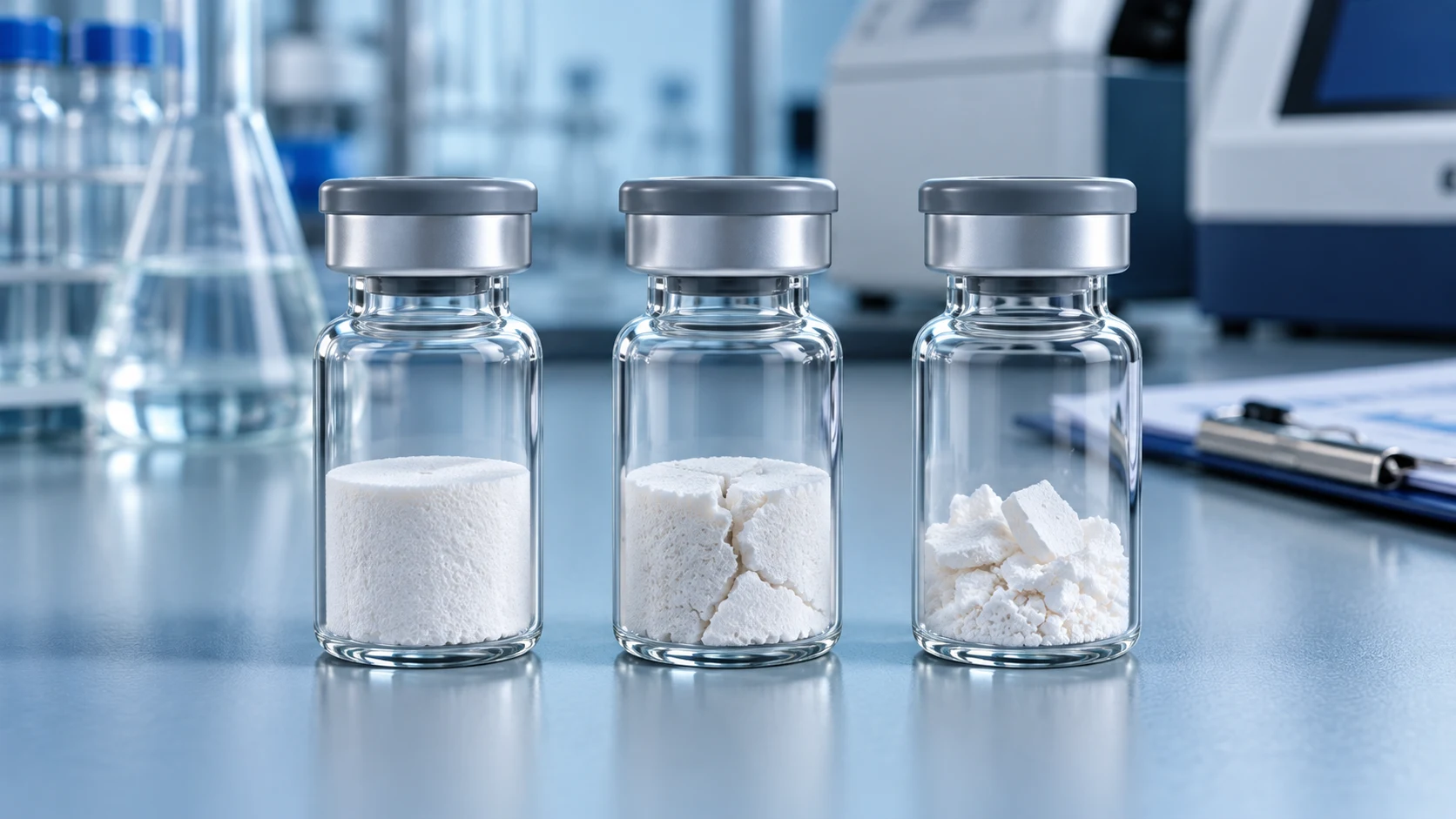 Three unbranded laboratory vials show an intact white freeze-dried cake, a cracked cake and loose broken pieces on a clean quality-control bench.
