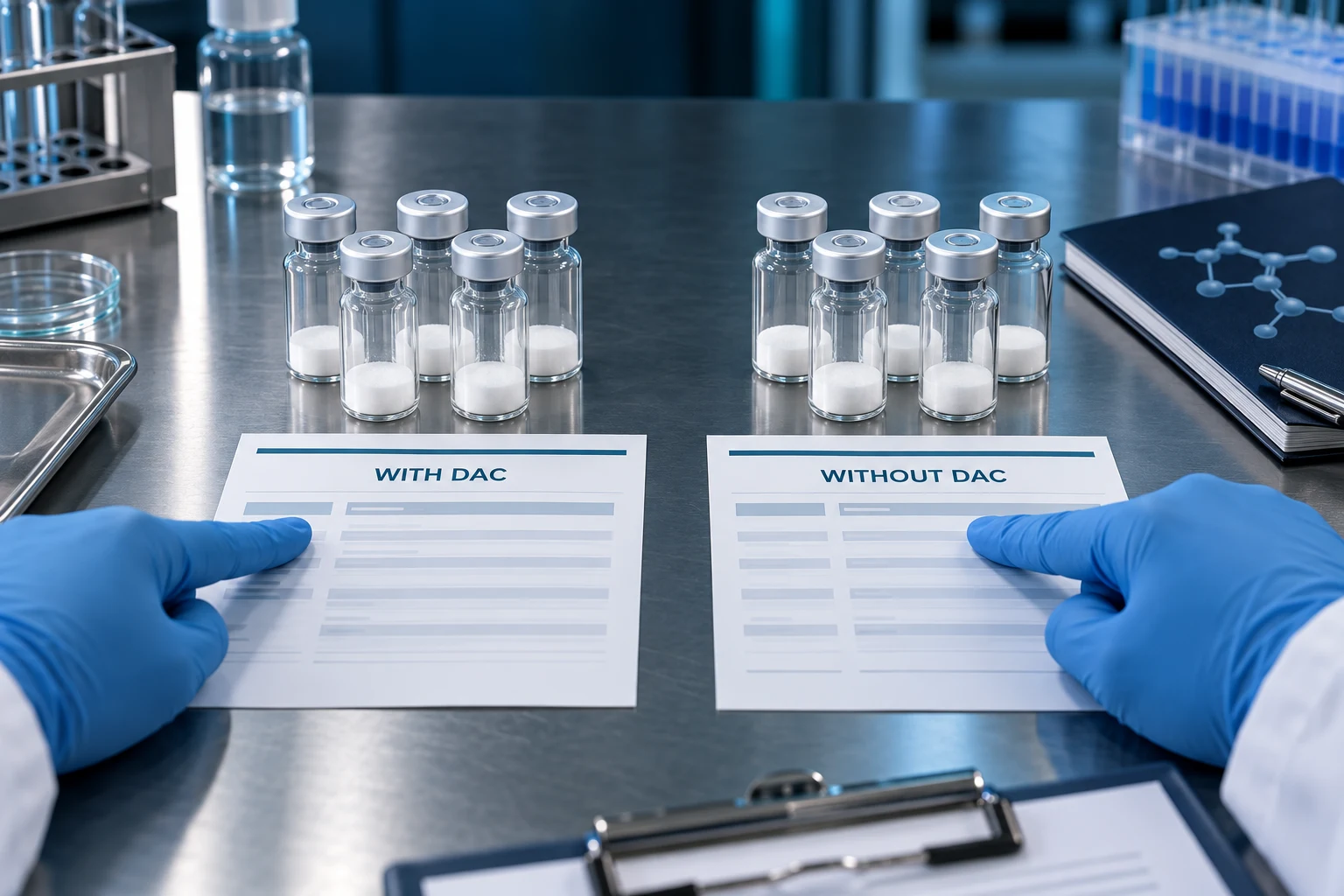 Two separate vial groups are checked against specification sheets marked WITH DAC and WITHOUT DAC.
