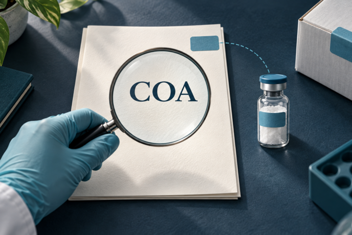 AI-generated conceptual illustration of a report, a sample identifier and a vial, showing the records a buyer needs to connect.