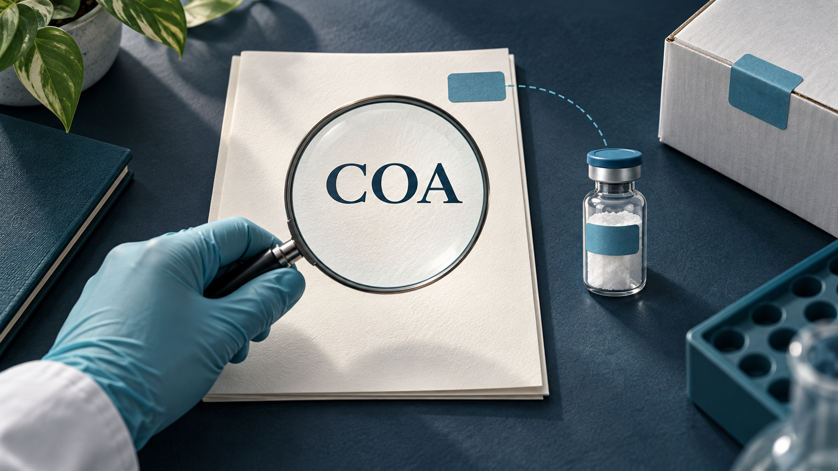 AI-generated conceptual illustration of a report, a sample identifier and a vial, showing the records a buyer needs to connect.