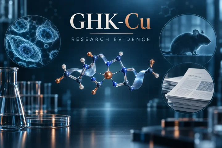 GHK-Cu research evidence shown across cell studies, animal models and a smaller human-evidence literature.