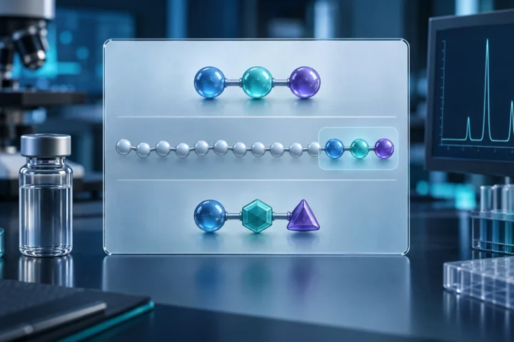 A three-unit peptide, a longer chain ending in the same three-unit motif, and a separate three-unit analogue are compared beside an unbranded vial and chromatogram.