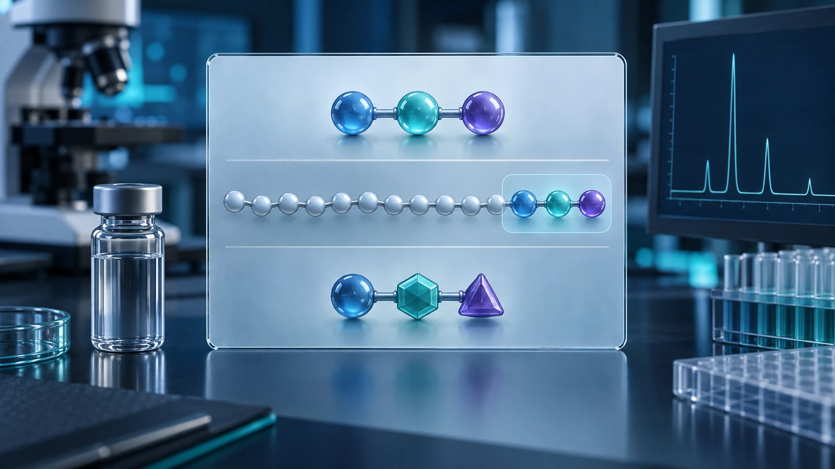 A three-unit peptide, a longer chain ending in the same three-unit motif, and a separate three-unit analogue are compared beside an unbranded vial and chromatogram.