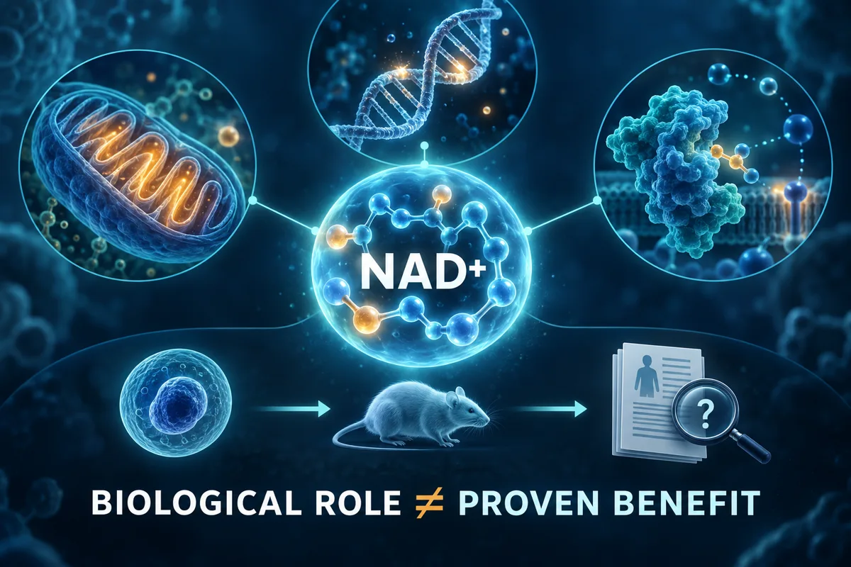NAD+ connects cellular energy, DNA repair and enzyme signalling, while a cell-to-animal-to-human pathway shows that biological roles are not the same as proven human benefits.