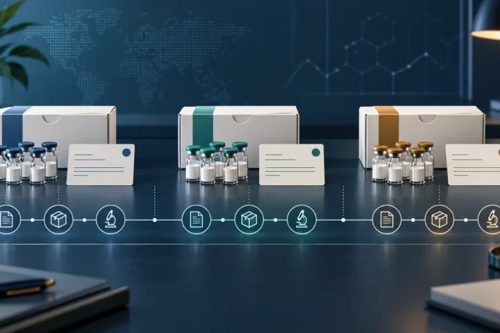 Conceptual illustration of three separate repeat-order lots connected to purchasing, receiving and testing records
