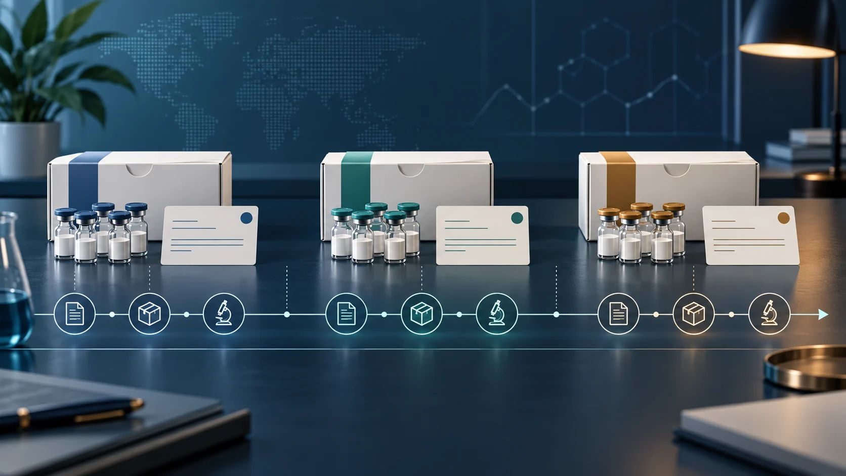 Conceptual illustration of three separate repeat-order lots connected to purchasing, receiving and testing records