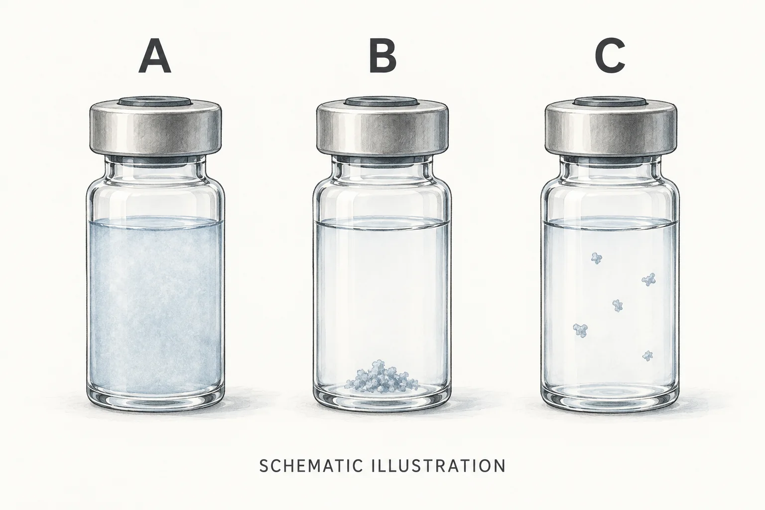 AI-generated schematic of three unbranded vials: A, uniform haze; B, material at the bottom; C, floating particles.