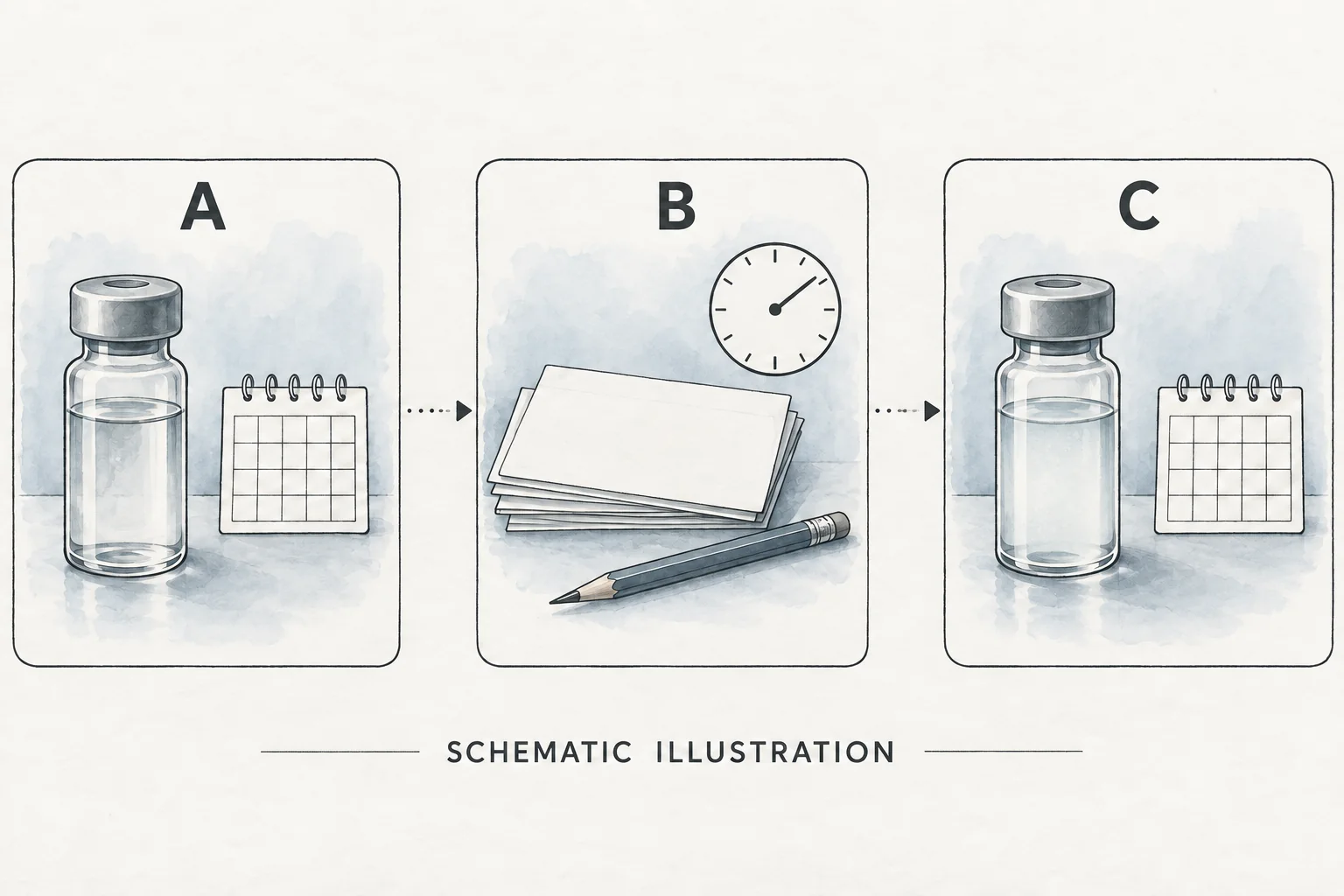 AI-generated timeline schematic: A, the last recorded clear appearance; B, handling and storage records between observations; C, the first recorded cloudy appearance.