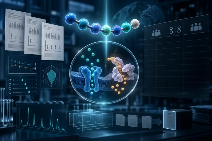 A seven-residue Selank peptide sits above small clinical-study records, proposed receptor and enzyme mechanisms, and an unfilled confirmatory-trial grid.