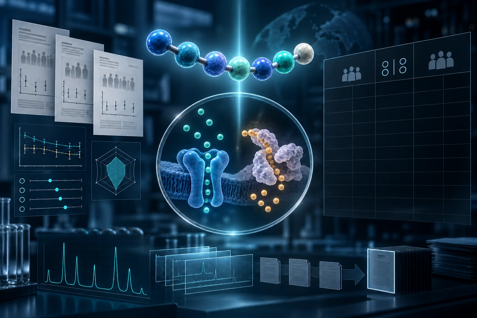 A seven-residue Selank peptide sits above small clinical-study records, proposed receptor and enzyme mechanisms, and an unfilled confirmatory-trial grid.