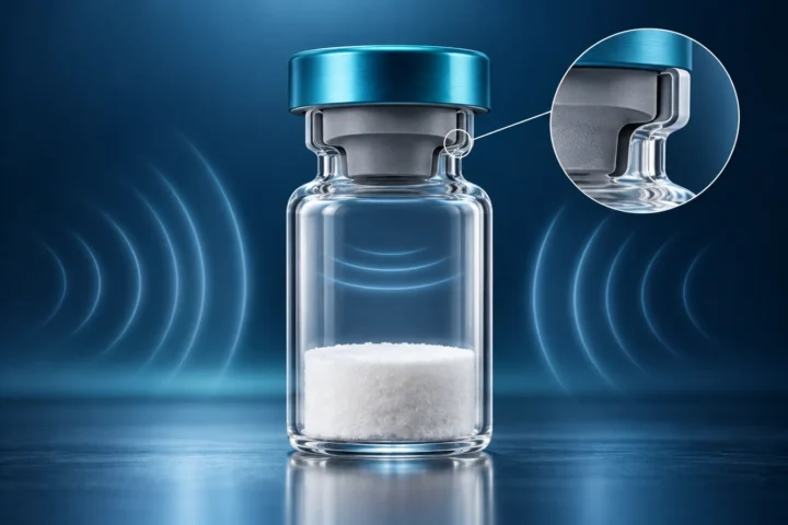 Conceptual illustration of a sealed lyophilisation vial, its headspace and the stopper-to-glass interface