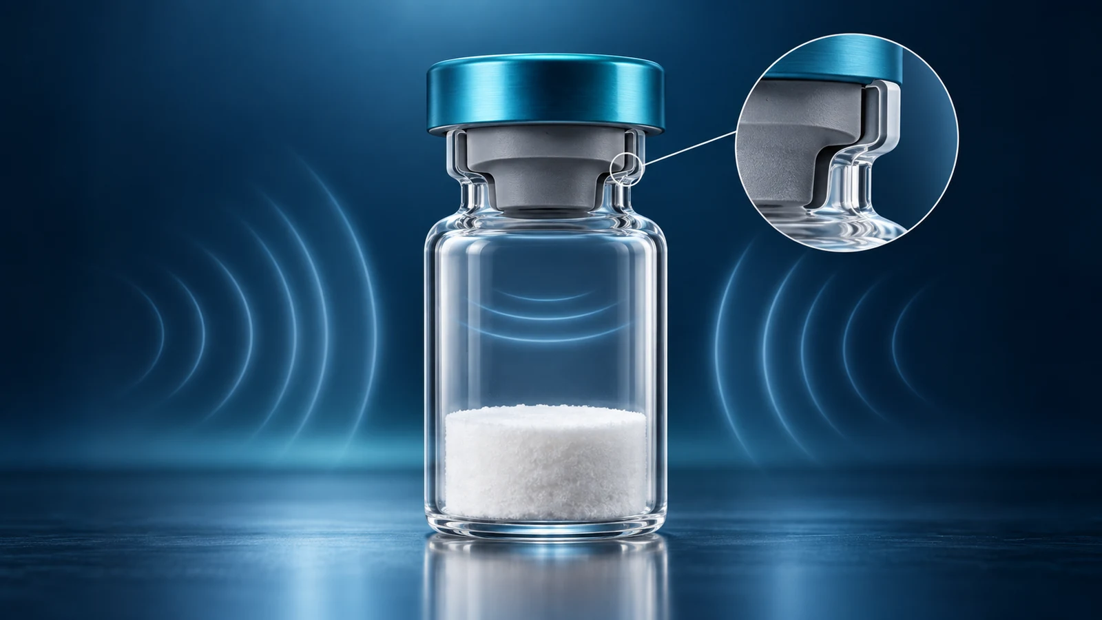 Conceptual illustration of a sealed lyophilisation vial, its headspace and the stopper-to-glass interface