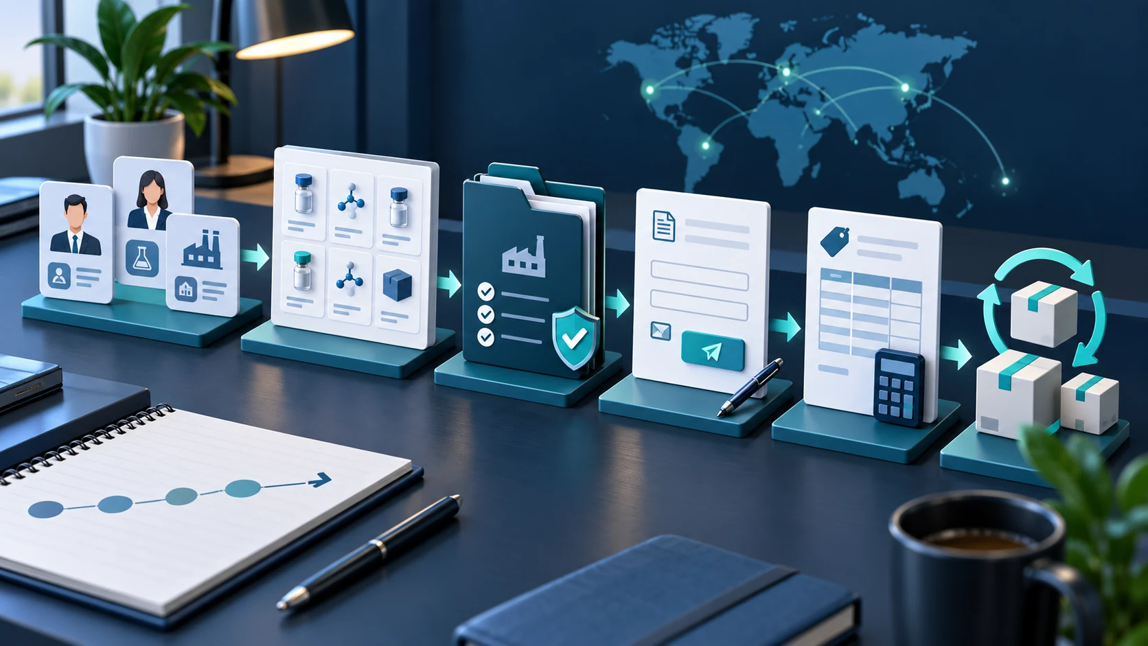 AI-generated concept illustration of a B2B research-supply business roadmap.
