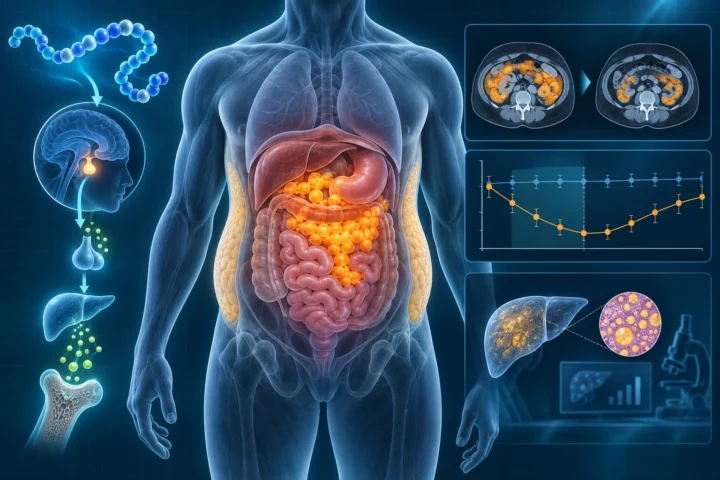 Tesamorelin evidence map showing the GH and IGF-1 pathway, abdominal visceral fat measured by CT, a rebound after treatment stops and a secondary liver-fat research question.