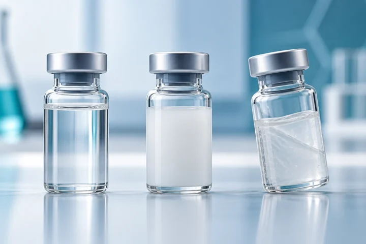 Conceptual comparison of clear, cloudy and thick-looking vial contents