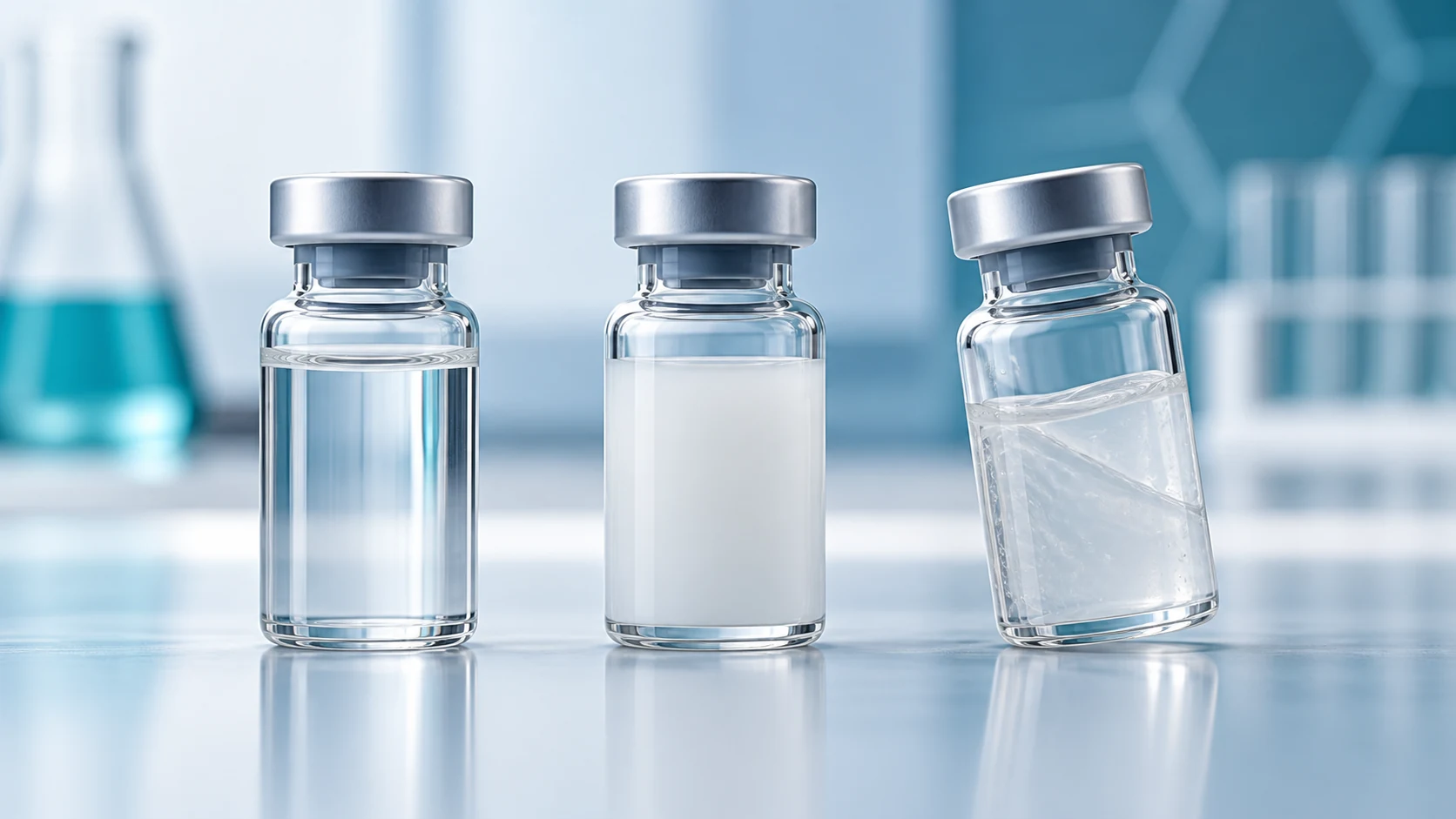 Conceptual comparison of clear, cloudy and thick-looking vial contents
